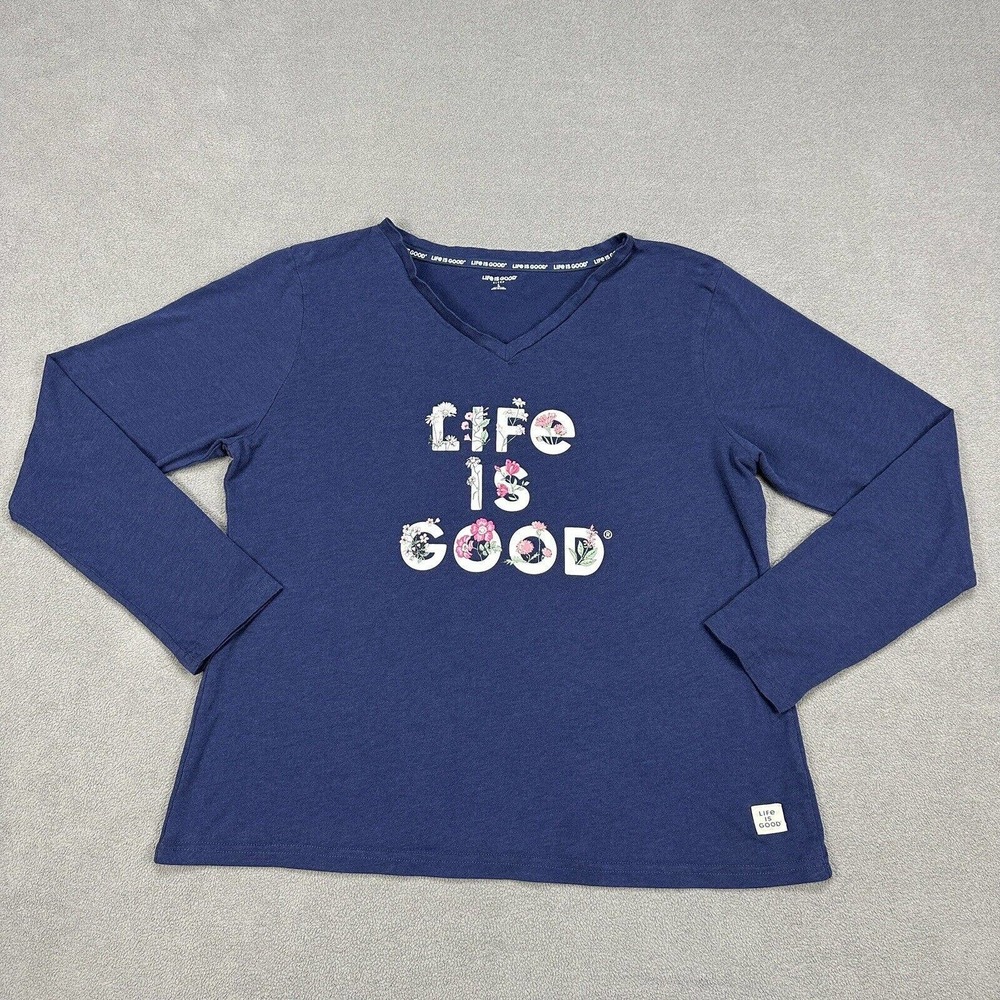 Life Is Good Sleep Shirt Womens Large Blue V Neck Floral Long Sleeve Sleepwear